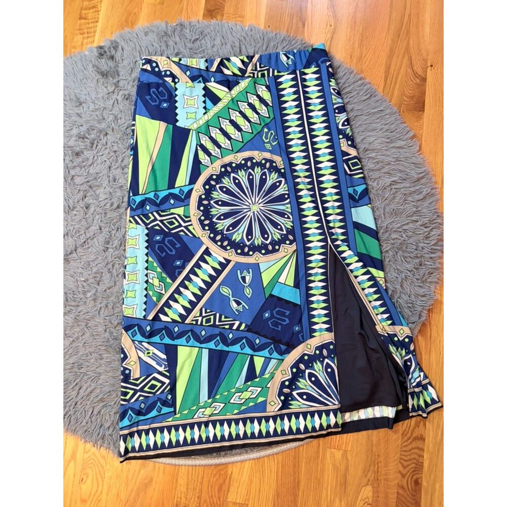 Chico's Blue Green Colorful Long Maxi Skirt Slinky Geometric Print Size XL